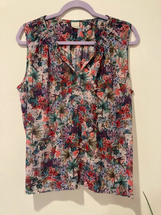 ecru Tops - Ecru Floral Sleeveless V-Neck in Multicolor Sheer Top